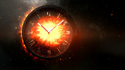 Wall Mural - Exploding Clock, Time's Fiery Demise, Seconds Race to Zero, Intensely Dramatic, Abstract Art.