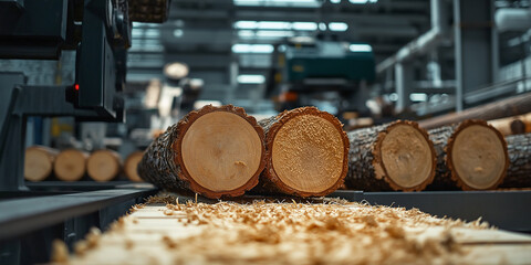 Poster - Freshly cut logs moving along conveyor belt in sawmill