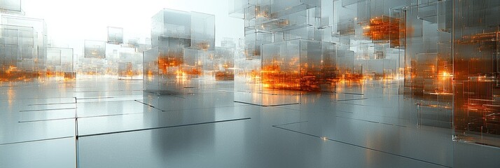 Poster - Abstract digital landscape with transparent structures and glowing elements.