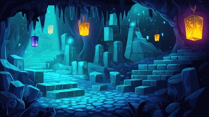 Wall Mural - A Mystical Cave Entrance with Ancient Stone Pillars and Glowing Lanterns