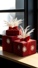 Wall Mural - Two elegantly wrapped red gifts adorned with decorative bows and accents.