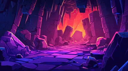 A Glowing Purple and Red Cave Entrance, 2d cartoon for game background and cartoon cover book