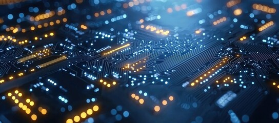 Poster - Close-up of a circuit board with glowing components, showcasing technology and electronics.