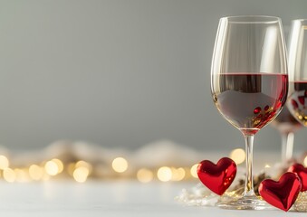 Two wine glasses with red wine and decorative hearts for a romantic setting.