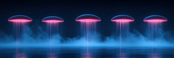Poster - Futuristic scene with glowing jellyfish-like shapes emitting light in a misty environment.