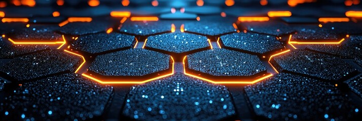 Poster - Futuristic hexagonal pattern with glowing edges on a textured surface.