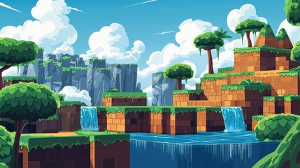 Wall Mural - Pixelated Landscape with Waterfalls and Lush Vegetation, 2d cartoon for game background and cartoon cover book