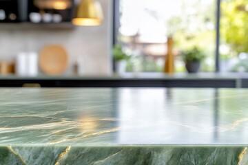 Poster - Close-up of a polished green marble countertop in a modern kitchen.