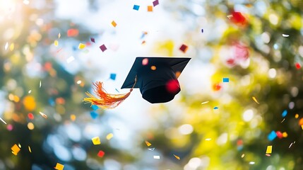 Poster - Christmas decoration  and graduation elements on a red background, featuring a cap, diploma, and colorful designs, symbolizing celebration and success