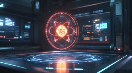 Poster - A glowing atomic model displayed on a futuristic holographic interface in a high-tech laboratory.
