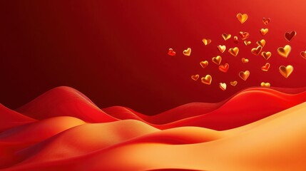 Wall Mural - A bright red background with abstract golden hearts floating near the center.