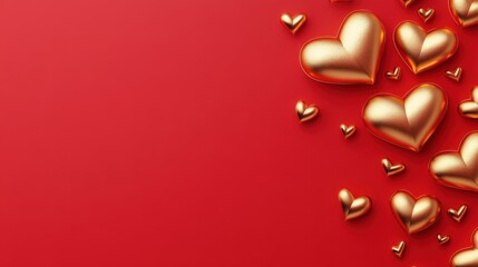 Wall Mural - A bright red background with abstract golden hearts floating near the center.