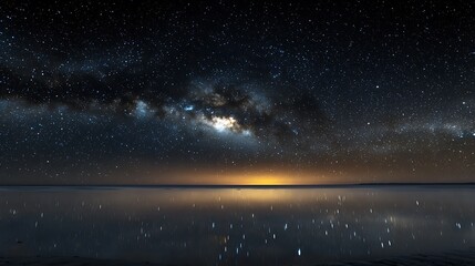 Wall Mural - A dark night sky where stars seem to stretch infinitely, with soft light reflecting below.