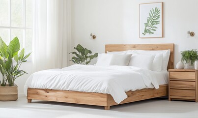 Poster - Modern bedroom with a wooden bed, plants, and natural light.
