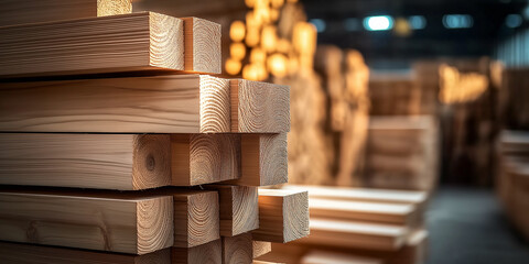 Poster - Stack of square wood beams in warehouse or lumberyard