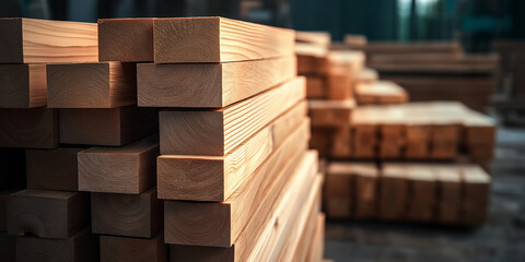 Poster - Stack of wood planks forming a geometric pattern in a timber warehouse