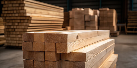Poster - Stack of square wooden beams in a lumber warehouse or storage building