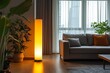 © khanii2 - A tall, sleek floor lamp with a metallic finish glowing in a minimalistic living room setting
