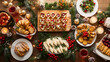 © pimpakarn - A buffet table at a holiday party filled with seasonal treats, appetizers, and drinks