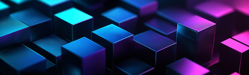 Poster - Abstract cubes forming a futuristic technological landscape in neon lights