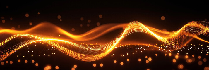 Poster - Golden particles flowing and forming abstract wave on black background