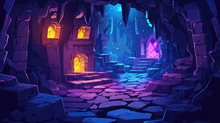 Wall Mural - Illuminated Cave Entrance with Stone Steps and Glowing Windows