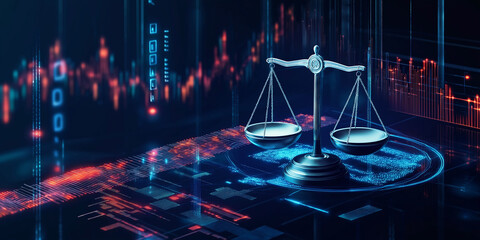 Poster - Balancing scales symbolizing justice in digital courtroom setting with futuristic interface