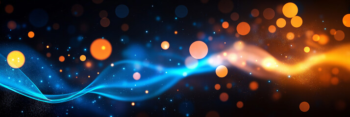 Poster - Abstract blue and orange waves flowing through space with bokeh lights