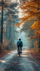 Wall Mural - Cyclist Rides Through Misty Autumn Forest Path