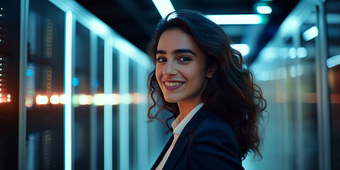 Aufkleber - Technician smiling and working in data center with supercomputers, lights blinking around