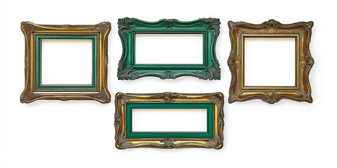 Poster - Set of four empty baroque ornate picture frames hanging on white wall