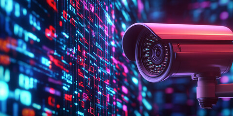 Fototapete - Security camera monitoring binary code data stream in futuristic cyberspace