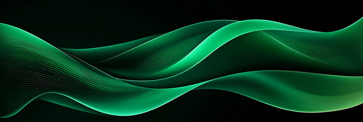 Fototapete - Abstract green waves flowing on black background