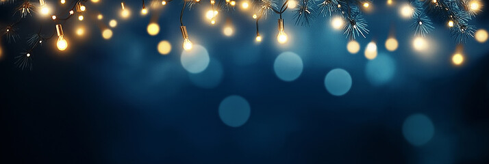 Poster - Christmas lights hanging on pine branches creating a festive atmosphere