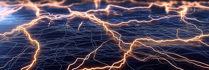Fototapete - Lightning bolts striking a network of wires, creating a powerful electrical current