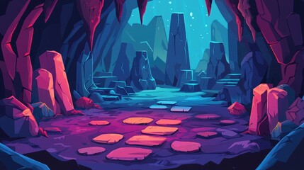 Wall Mural - A glowing cavern pathway illuminated by pink and blue light