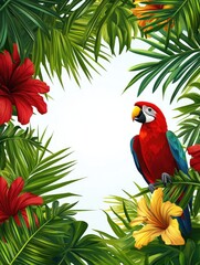 Wall Mural - A vibrant illustration featuring a parrot amidst tropical foliage and flowers.