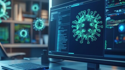 Poster - Computer Screen Displaying Digital Visualization of Virus Structure