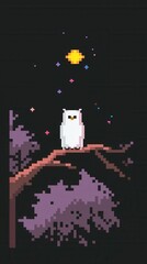 Wall Mural - A delightful 8-bit pixel art of a glowing pixelated owl sitting on a glowing branch, surrounded by tiny pixelated glowing stars and sparkling leaves under a pastel navy and purple twilight. 