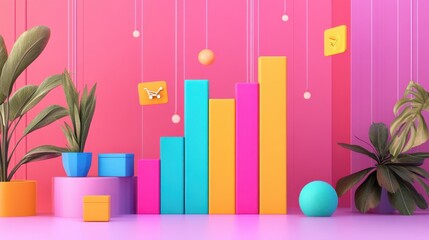 Poster - Colorful Abstract Chart with Plants and Geometric Shapes on Pink Background