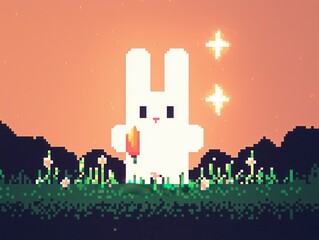 Wall Mural - A playful 8-bit pixel art of a glowing pixelated bunny holding a glowing carrot, surrounded by pixelated grass, tiny glowing flowers, and sparkling stars under a pastel orange and green sky. 