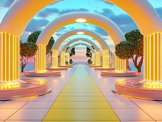 Poster - Futuristic Pathway Surrounded by Glowing Arches and Lush Trees, Set Against a Tranquil Sunset Sky for Creative Concepts and Imaginative Designs