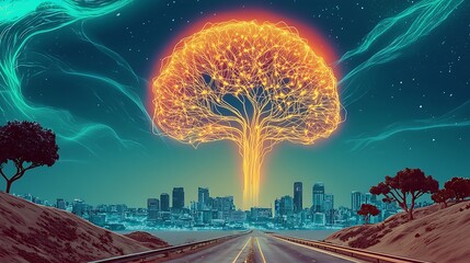 Poster - Futuristic Concept of a Tree Made of Light Representing Knowledge and Growth Above a Cityscape at Night with Abstract Elements in the Sky