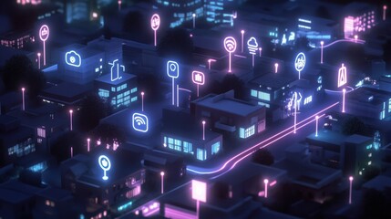 Poster - Futuristic Cityscape with Neon Icons and Glowing Pathways at Night