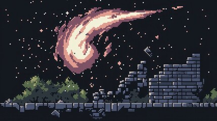 Wall Mural - A vibrant 8-bit pixel art of a glowing galaxy spiraling with pixelated glowing stars, surrounded by pixelated nebulas in shades of pink, purple, and blue, with tiny glowing comets streaking 