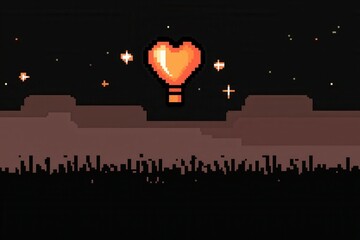 Wall Mural - A charming 8-bit pixel art of a glowing pixelated hot air balloon shaped like a glowing heart, floating in a pixelated pastel lavender sky surrounded by tiny glowing stars. 