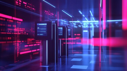 Poster - Futuristic Data Center with Neon Lights and Digital Screens