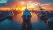 © aritha - A cargo ship docked at sunset, surrounded by cranes and containers in a bustling port.