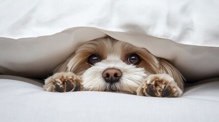Poster - Adorable small dog peeking from under white bedsheets.