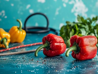 Sticker - Two red bell peppers and one yellow bell pepper with herbs and spices on a blue background.